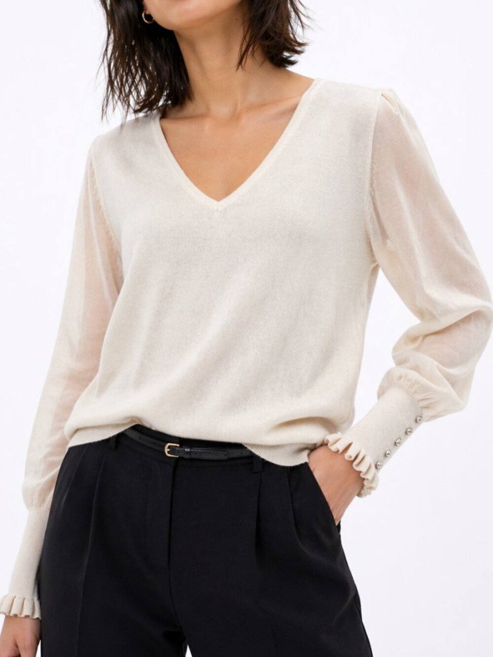 RALPH LAUREN Black Label V Neck Ruffle Sweater Ivory XL